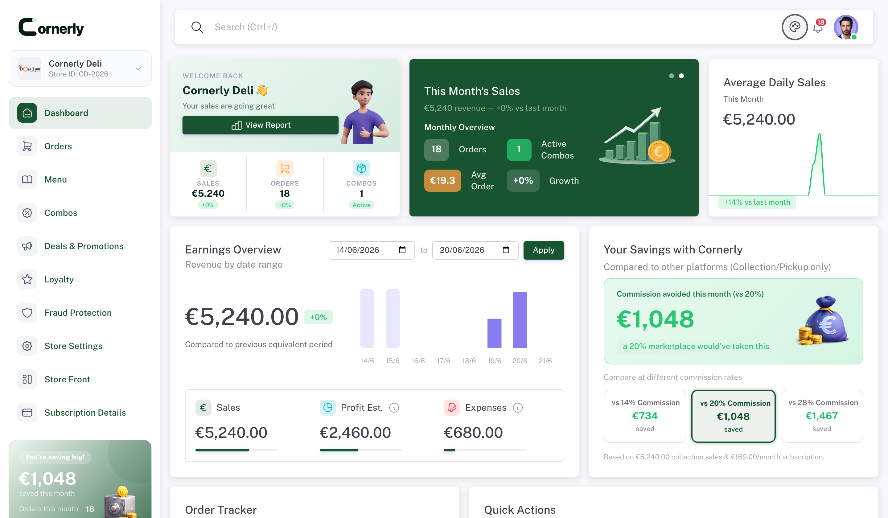 The Cornerly admin dashboard for Cornerly Deli — commission avoided this month, daily sales, earnings overview and savings vs marketplaces.